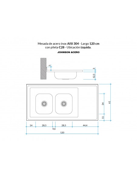 MESADA ACERO 304 DE 1.20 PILETA DOBLE C28 IZQ.C/RESP. - JOHNSON ACERO
